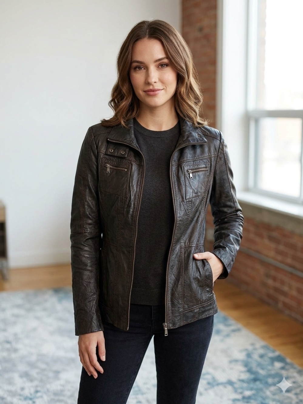 DANIER Women's Black Genuine Lamb Leather Jacket Size XS Moto Utility Zip Liner